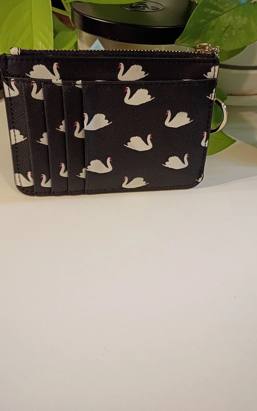 kate spade black white swan card pouch with gold-tone accents